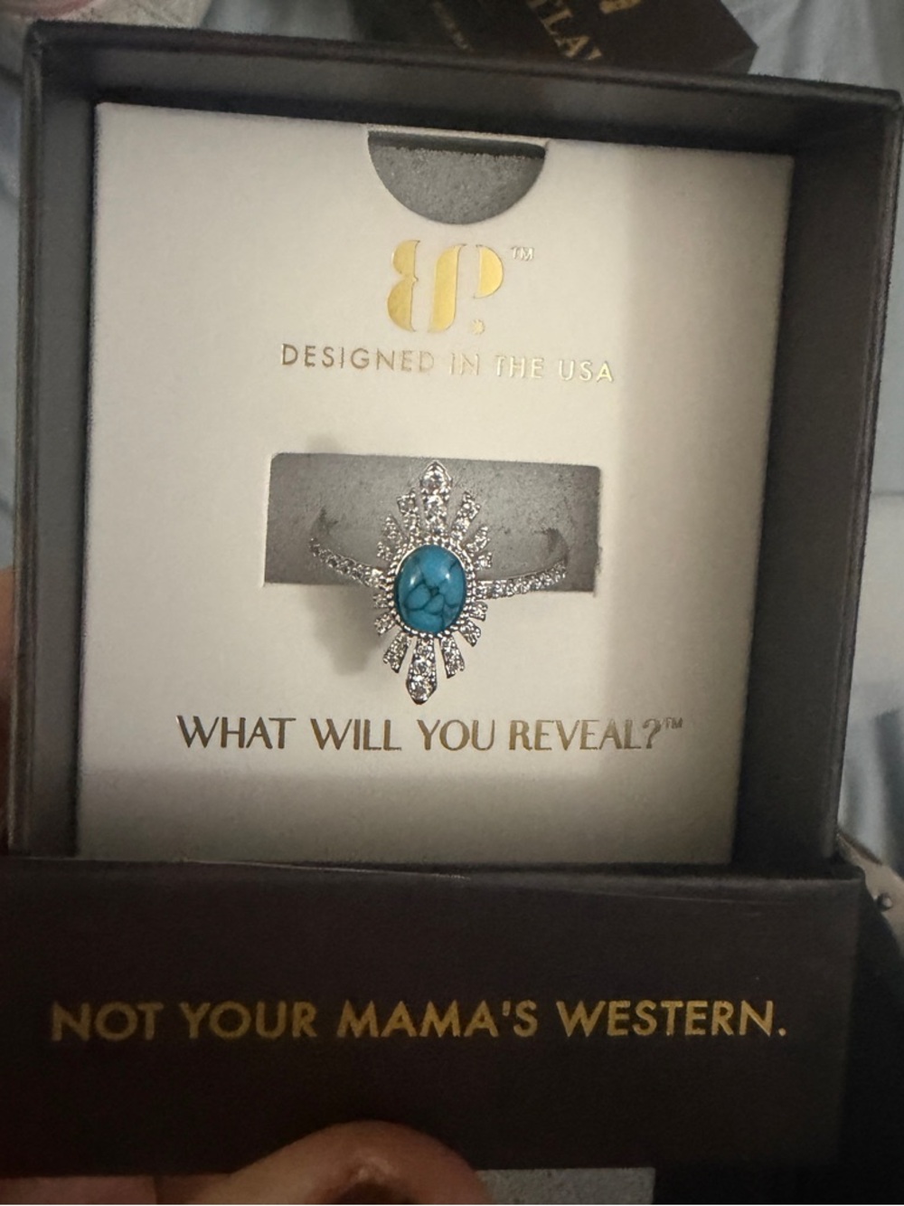 bp Turquoise Sunburst Statement Ring with Clear Stones
